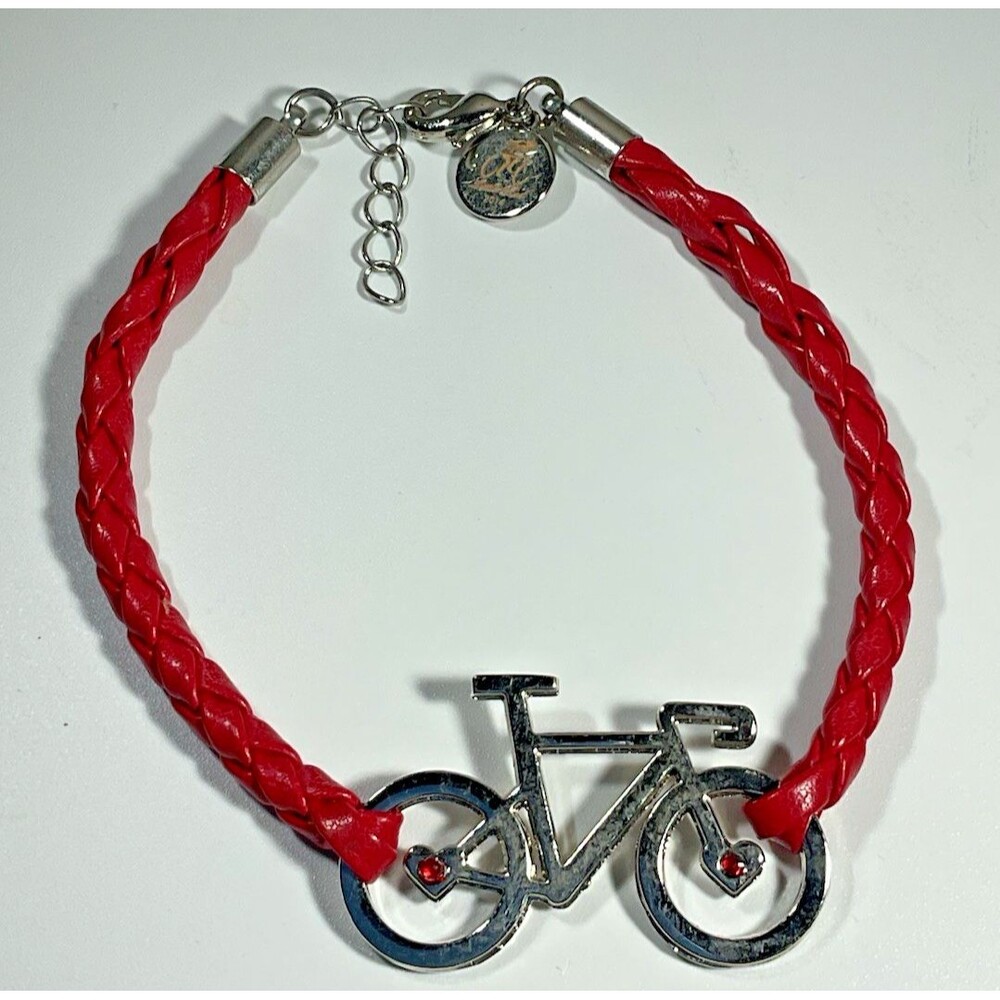 Little Red Bicycle Bracelet Silver Tone on Braided Red Leather Strap EUC Whimsy